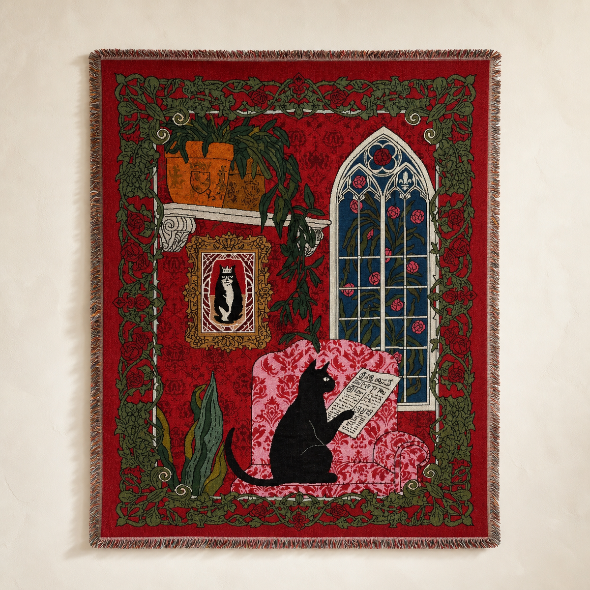 Gothic Rose Window Cat Tapestry