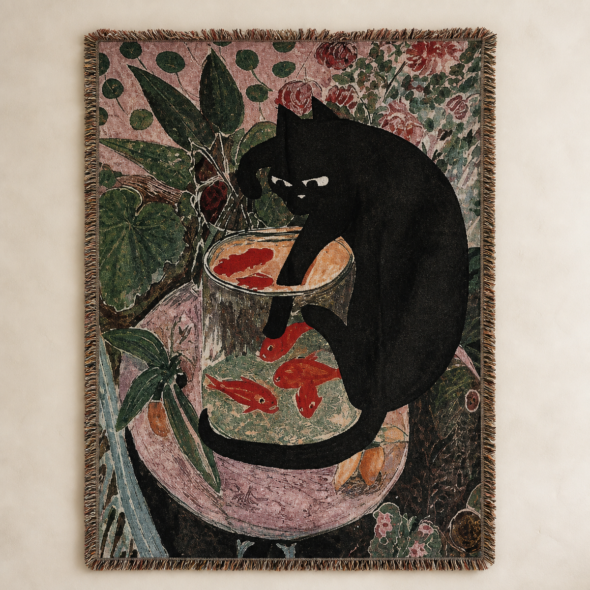 Vintage Cat & Goldfish Botanical Tapestry