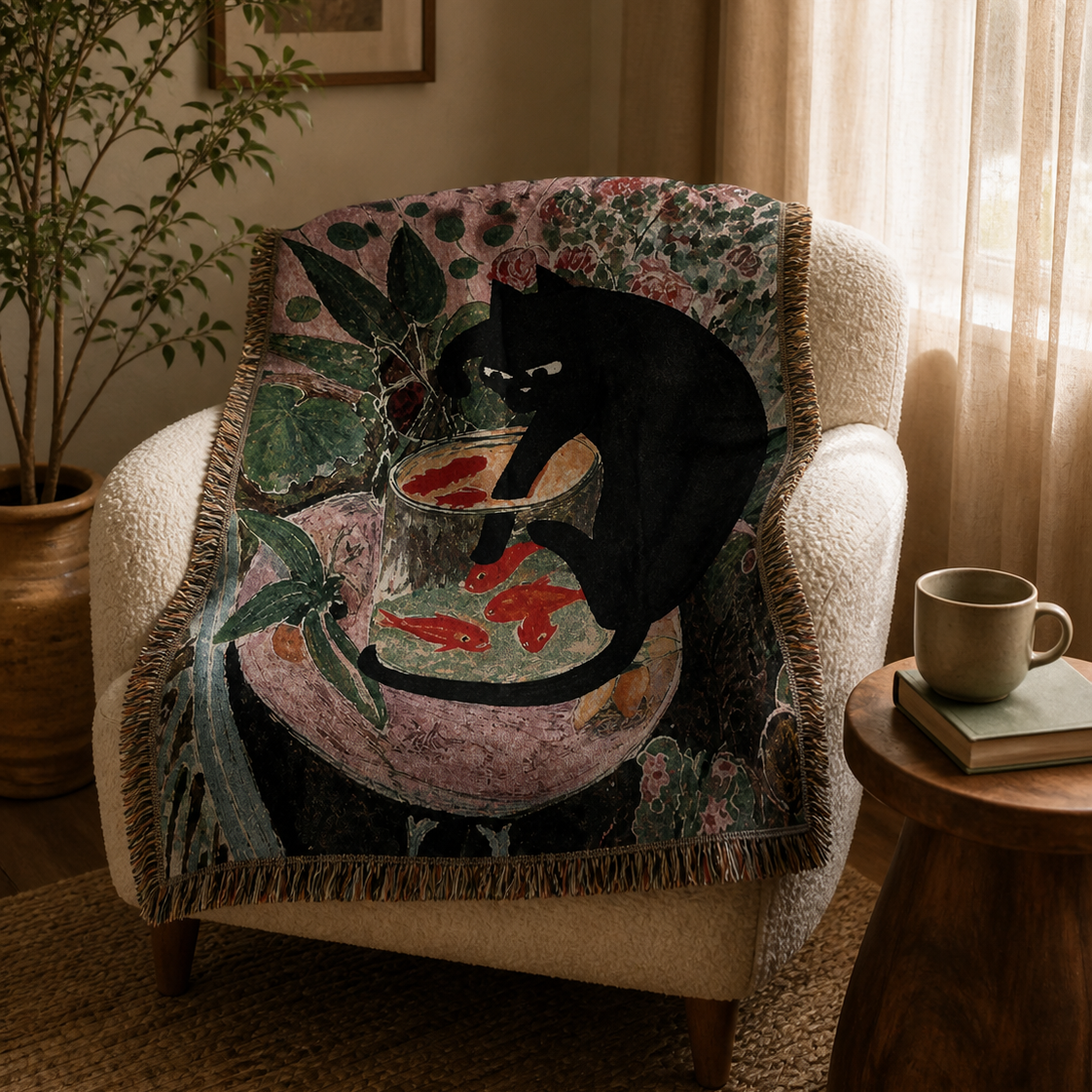 Vintage Cat & Goldfish Botanical Tapestry
