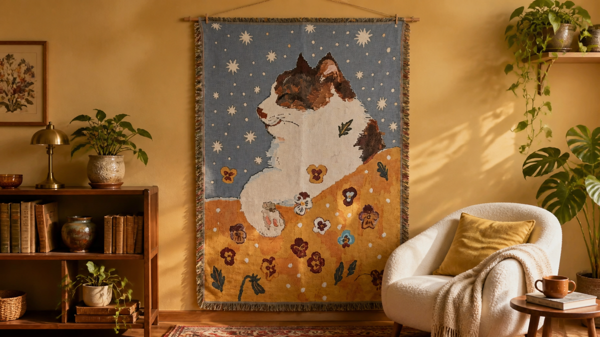 Starry white cat tapestry styled in a room