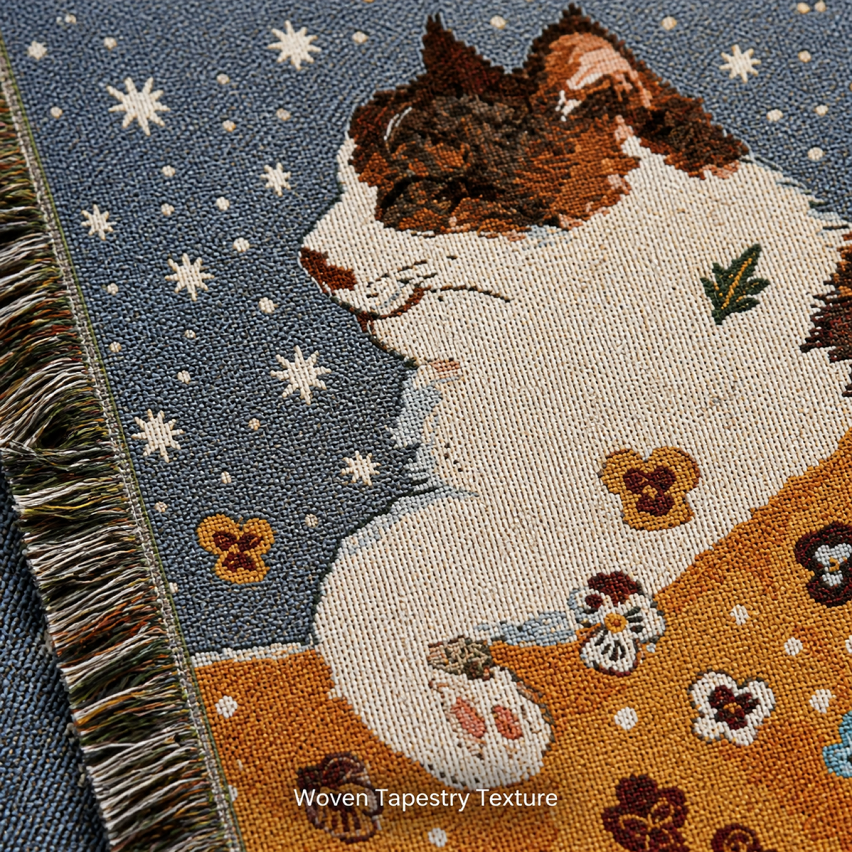 Starry white cat tapestry woven texture detail