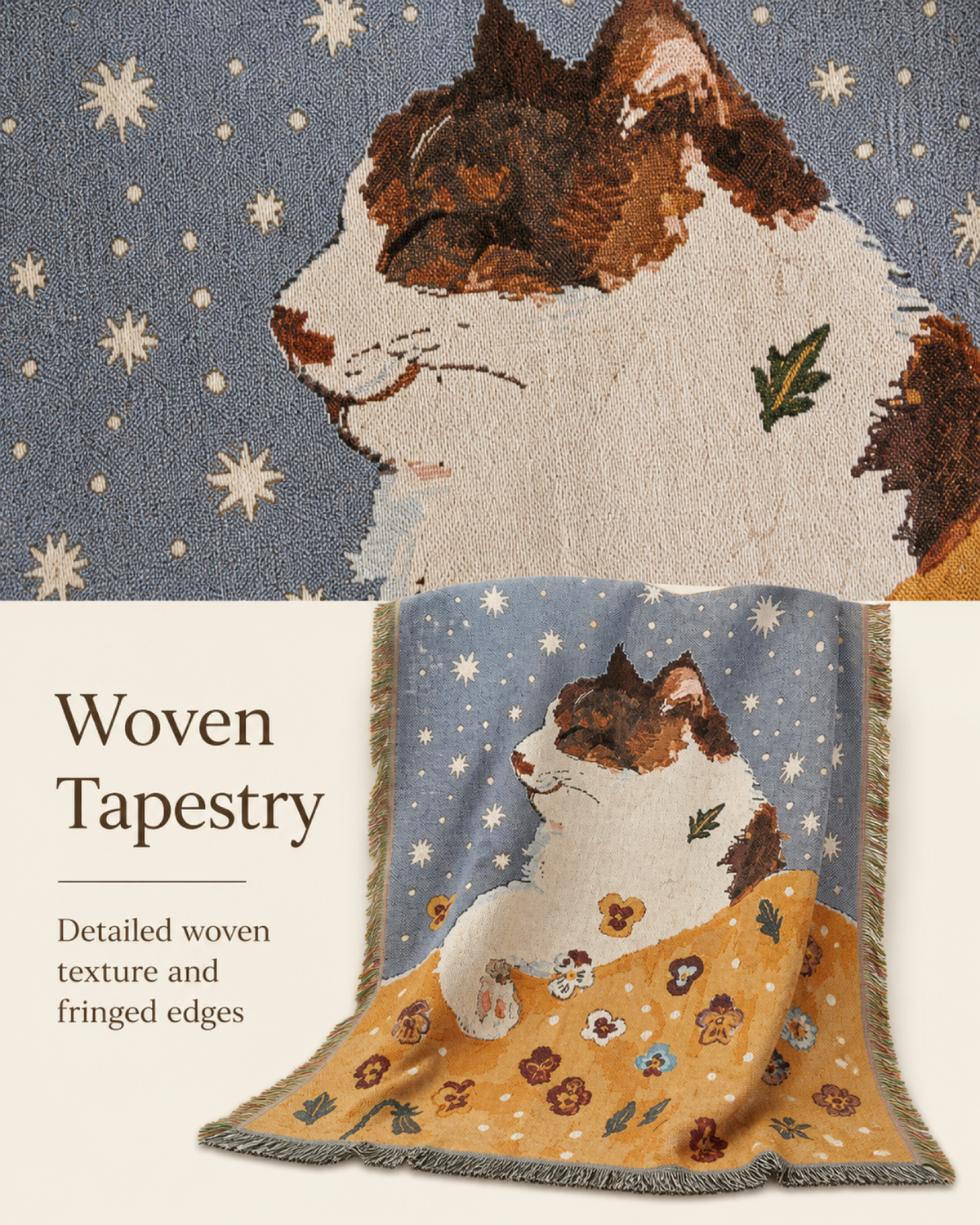 Starry white cat tapestry woven material detail