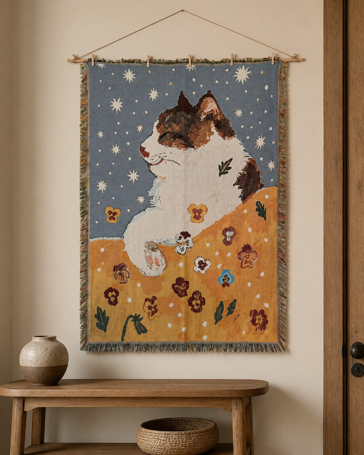 Starry white cat tapestry interior scene
