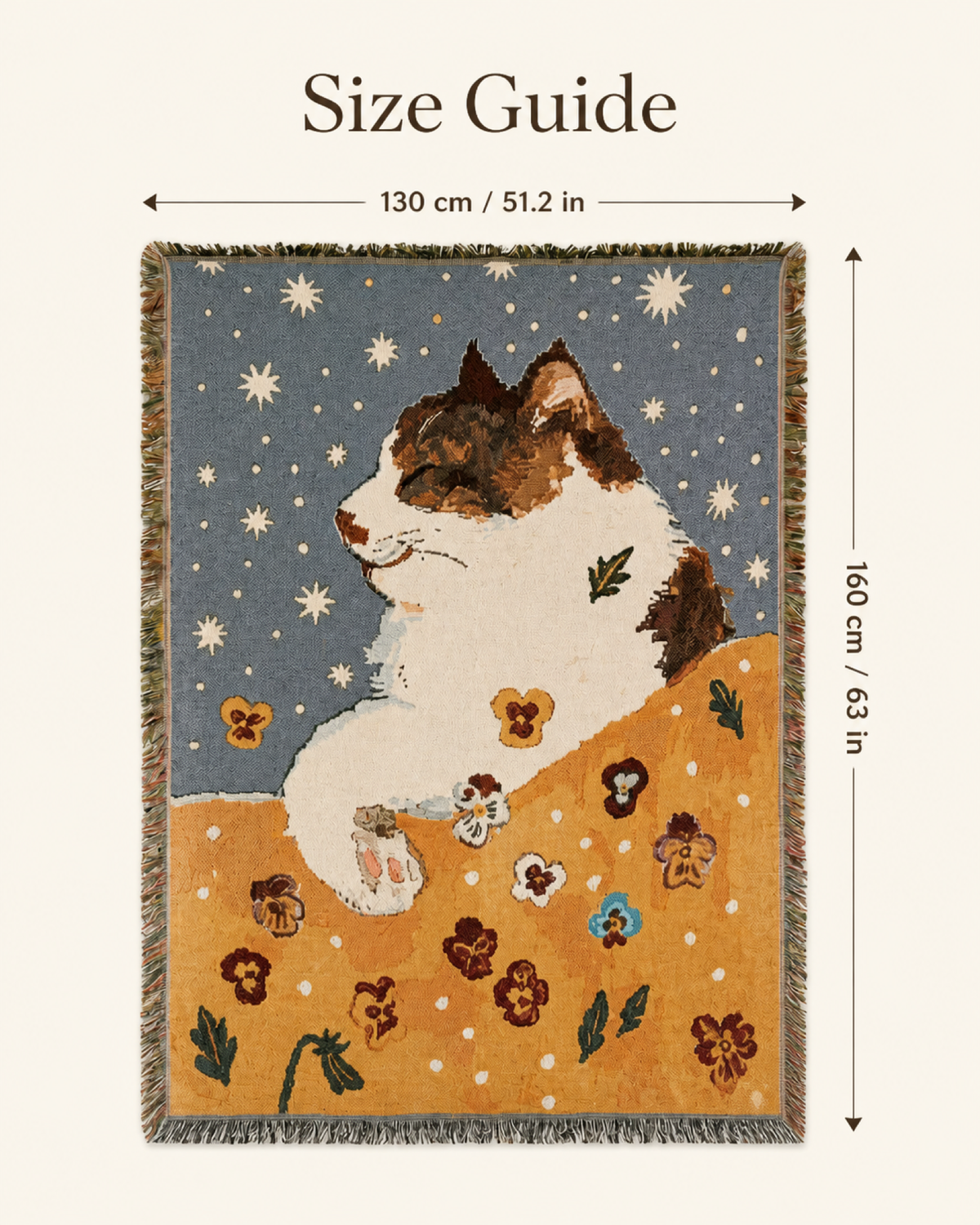 Starry white cat tapestry size guide