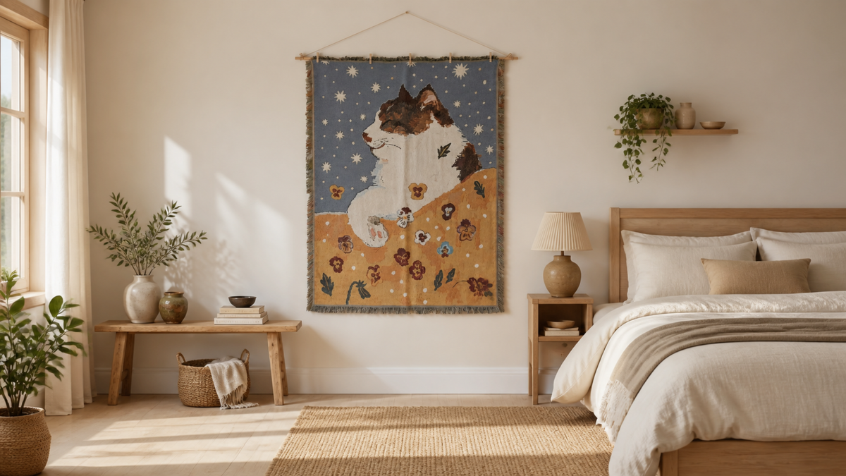 Starry white cat tapestry wide room scene