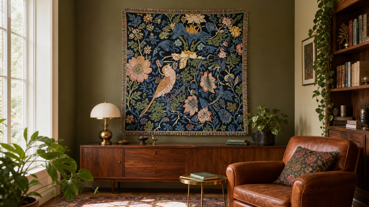 Deep Blue Floral Bird Garden Tapestry