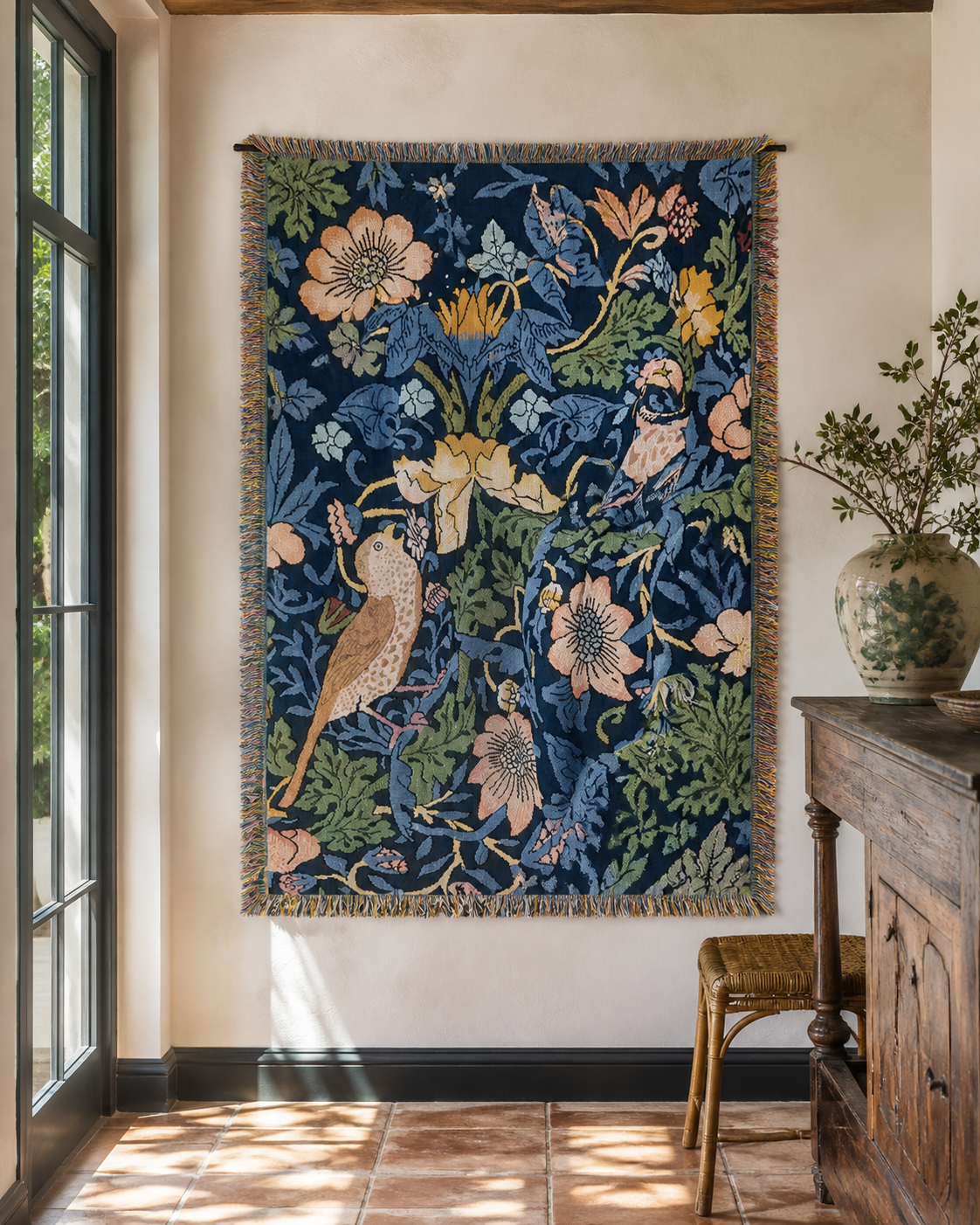 Deep Blue Floral Bird Garden Tapestry