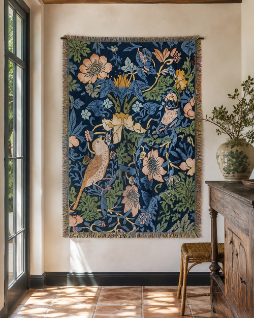 Deep Blue Floral Bird Garden Tapestry