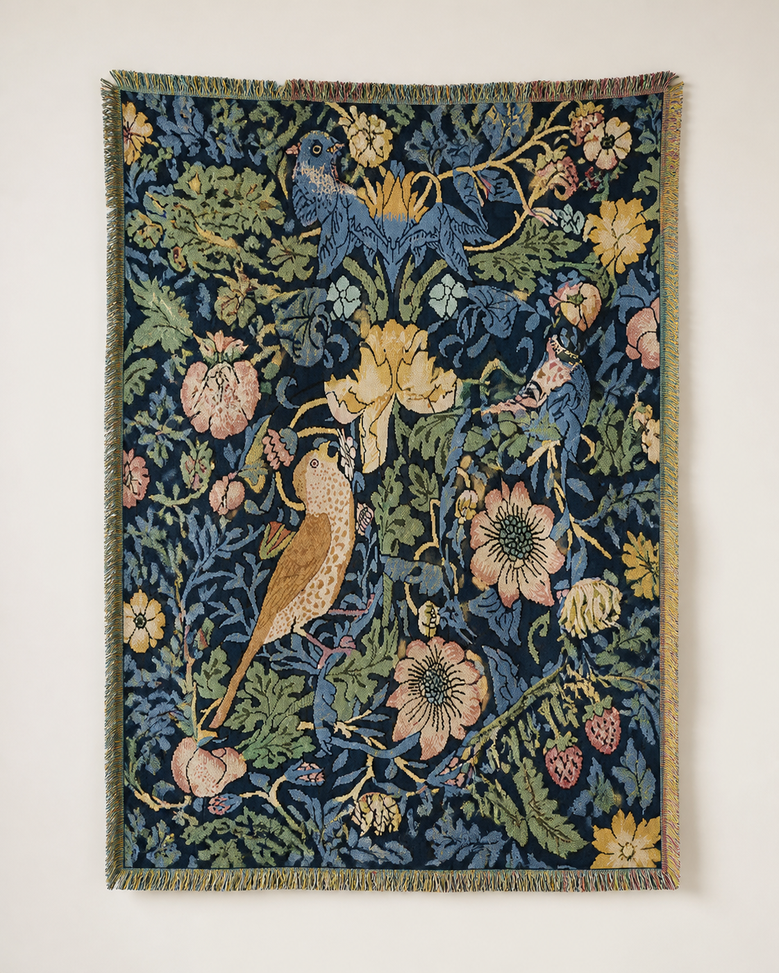 Deep Blue Floral Bird Garden Tapestry