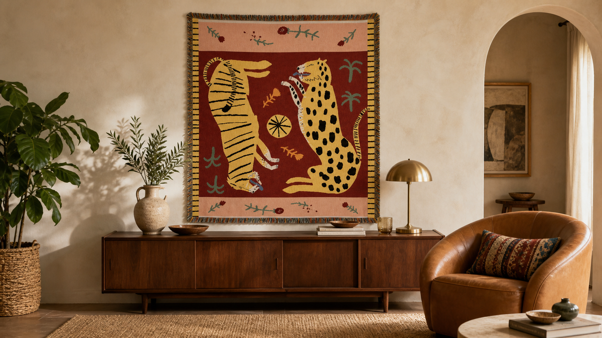 Tiger and leopard tapestry styled in a room