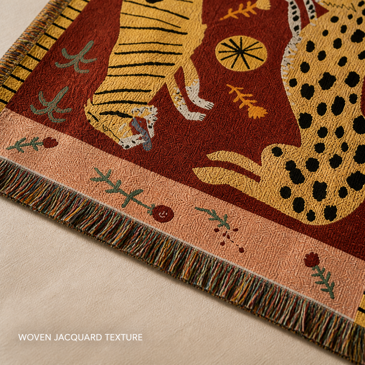 Tiger and leopard tapestry texture and fringe detail