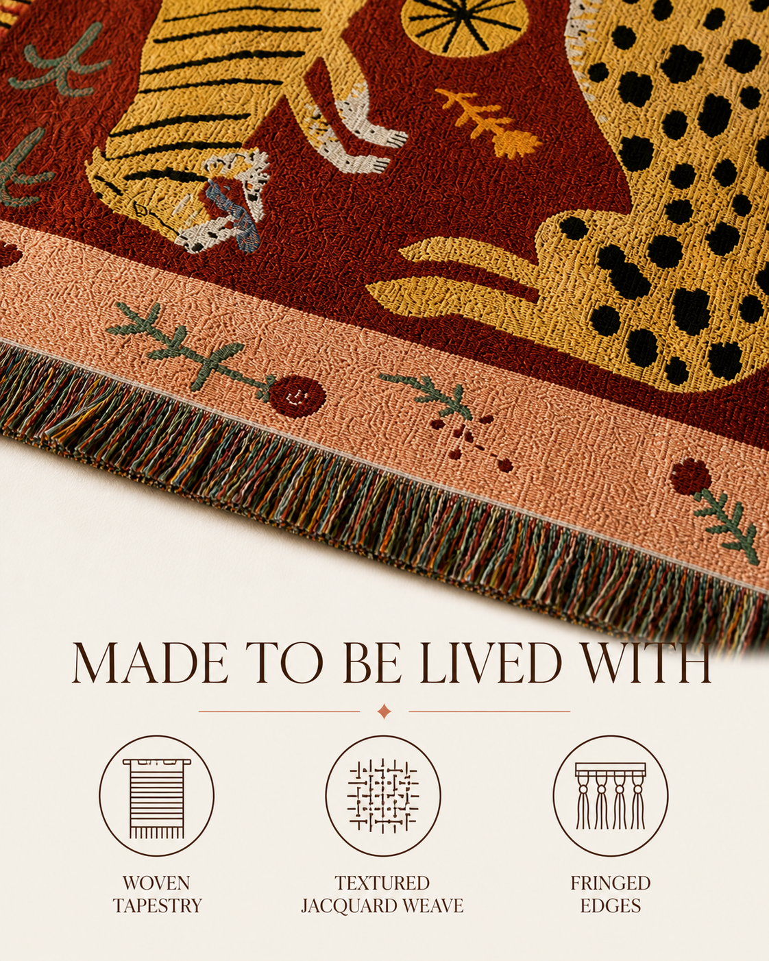 Tiger and leopard tapestry woven material detail