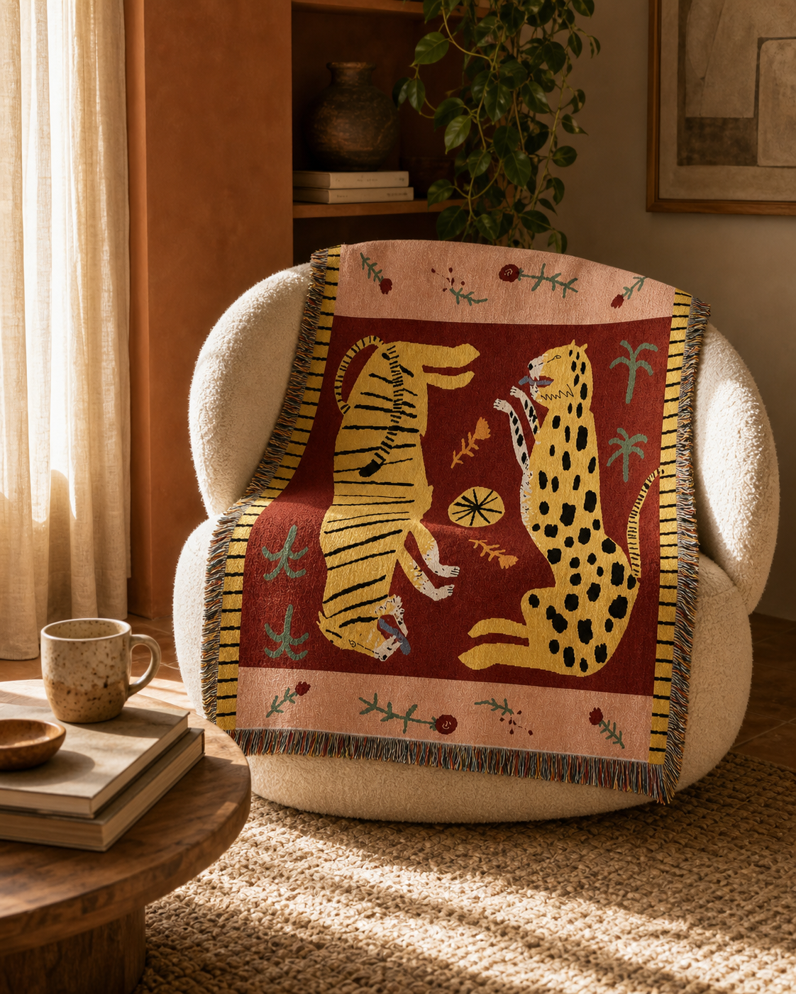 Tiger and leopard tapestry interior scene