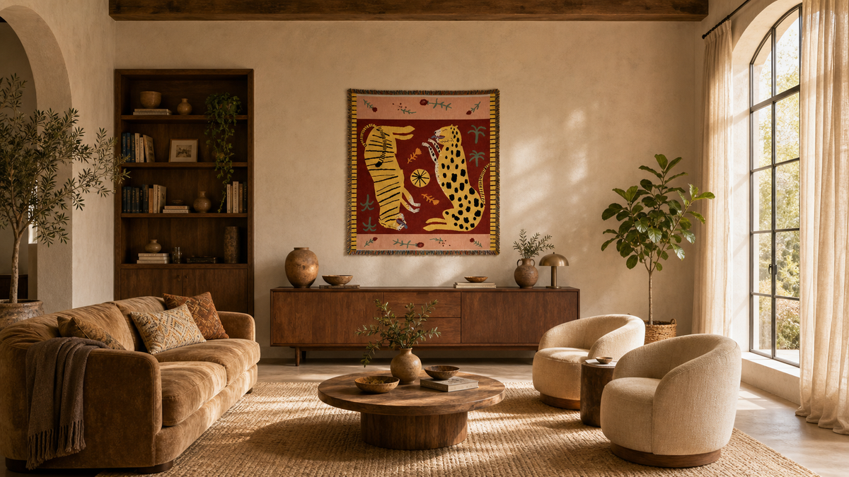 Tiger and leopard tapestry wide room scene